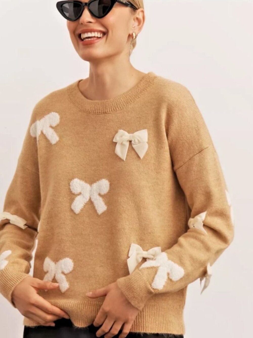 Maeve Anthropologie 3D Bow Sweater XS Honey Camel Multimedia Bows